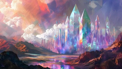 Obraz premium Enchanting Crystal Kingdom with Radiant Colors and Majestic Peaks