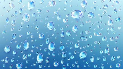 A realistic 3D modern illustration depicting water drops on a transparent background, condensation, raindrops with light reflection on window or glass surface, pure aqua blobs pattern and an abstract