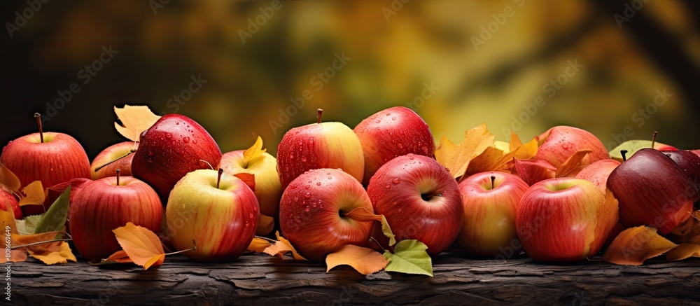 Poster image of autumn apples resting on maple leaves creating a beautiful copy space