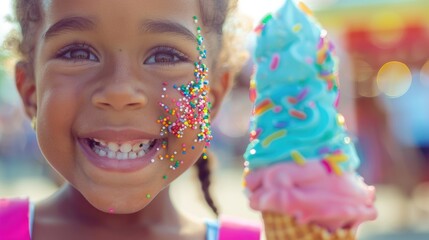 Fototapeta premium The little girl has sprinkles on her nose and a big smile as she holds an ice cream cone. She looks happy and full of joy at the event, enjoying her sorbetes or gelato AIG50