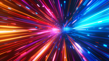 Naklejka premium Vibrant hyperspace effect with multicolored streaks of light converging towards a central burst.