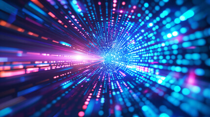 Dynamic perspective of a futuristic digital tunnel glowing with blue and purple lights.