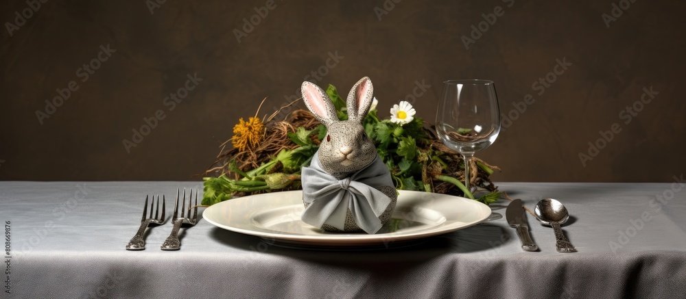 Aufkleber an easter table setting with a gray plate featuring a decorated egg adorned with a napkin styled as 
