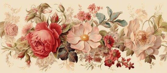 A postcard with a festive vintage design featuring floral elements. Copy space image. Place for adding text and design