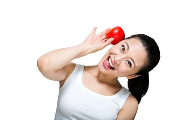 Tent and fruit happy young woman