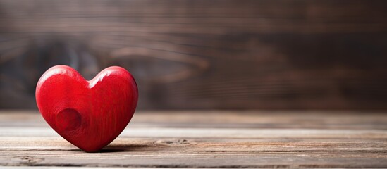 A red heart representing Valentine s Day on a weathered wooden surface with copy space image