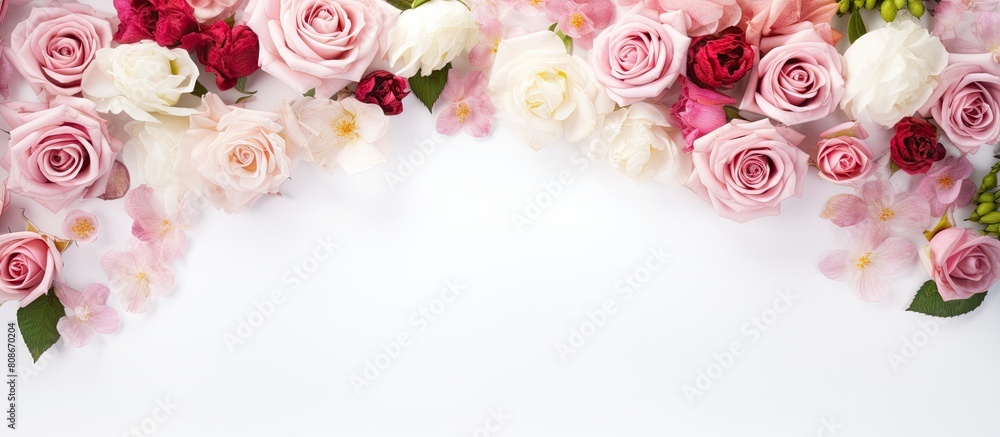 Poster top view of a white background with a floral roses composition on a mock up invitation paper card pr