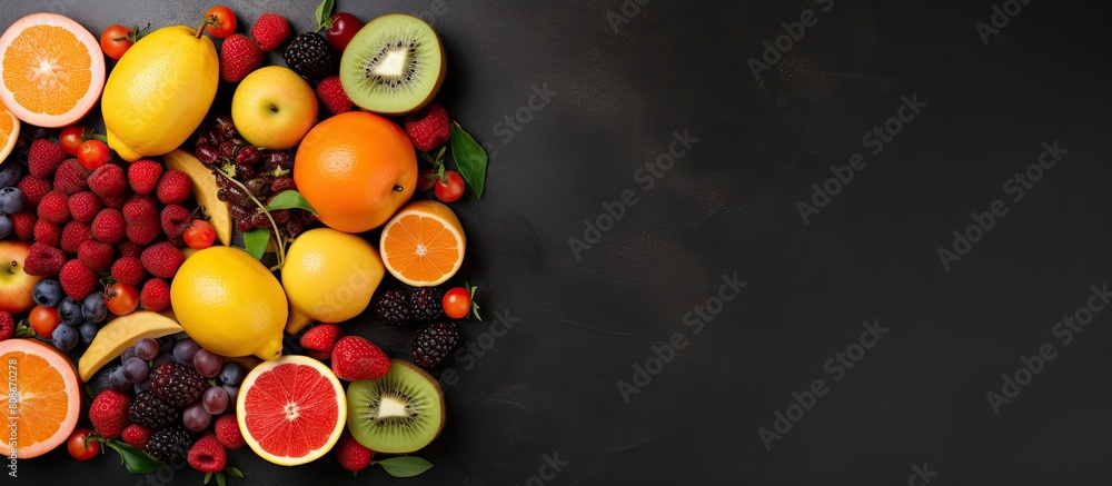 Poster top view of various fresh fruits and healthy snacks arranged attractively against a dark background 