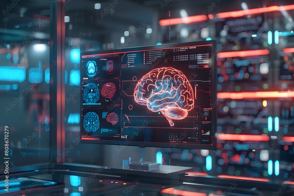 Poster brain study laboratory with futuristic holographic neurological data displays and monitors