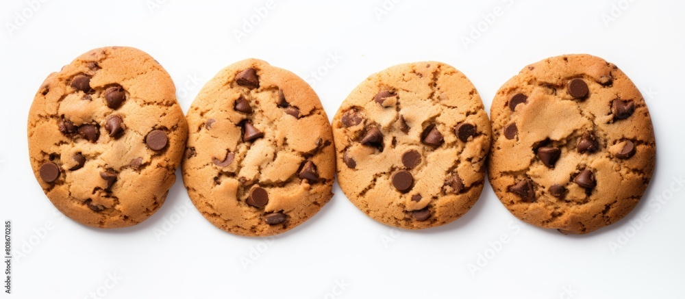 Aufkleber a top view image of homemade chocolate chip cookies placed on a white background with ample copy spa