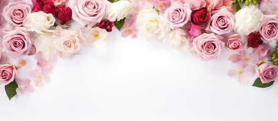 Top view of a white background with a floral roses composition on a mock up invitation paper card providing empty copy space for customization