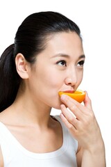 Tent and fruit happy young woman