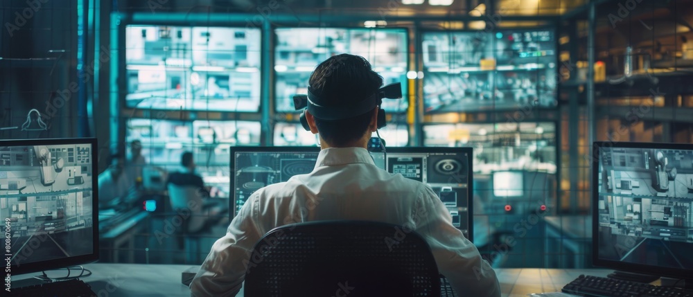 Poster modern factory with industry 4.0 manufacturing: security operator controls workshop production line,