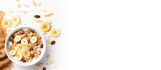A healthy breakfast concept featuring a bowl of whole grain flakes topped with banana coconut chips and peanut butter The image shows a white background with a top view and copy space - Powered by Adobe