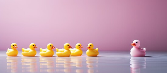 A group of toy ducks with one pink duck leading the way creating a copy space image emphasizing individuality and standing out from the rest - Powered by Adobe