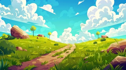 Cartoon landscape with green plain, dirt road, grass, and rocks under blue sky with fluffy clouds, picturesque scenery background, natural tranquil countryside scene.