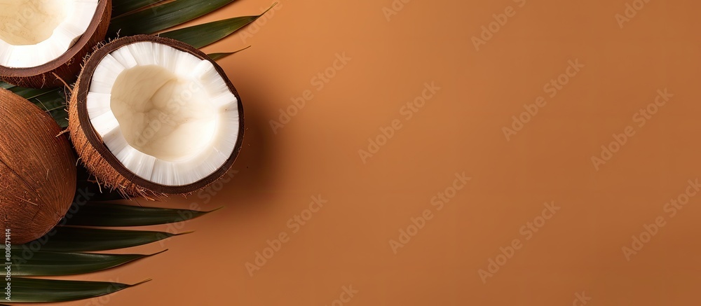 Poster the image shows a creative layout of whole and half coconuts on a brown background with a golden pal