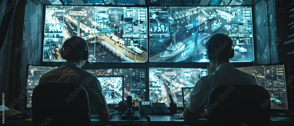 Poster surveillance cctv video on two computer screens in a harbour monitoring center. employees sit in fro