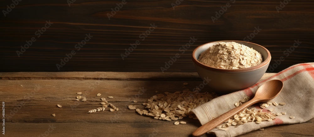 Poster on a wooden table there is a flat lay composition consisting of oatmeal a bowl a spoon and a bag the