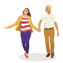Fototapeta premium A smiling couple holding hands and walking, vector illustration, on a plain white background, concept of relationship and happiness. Vector illustration