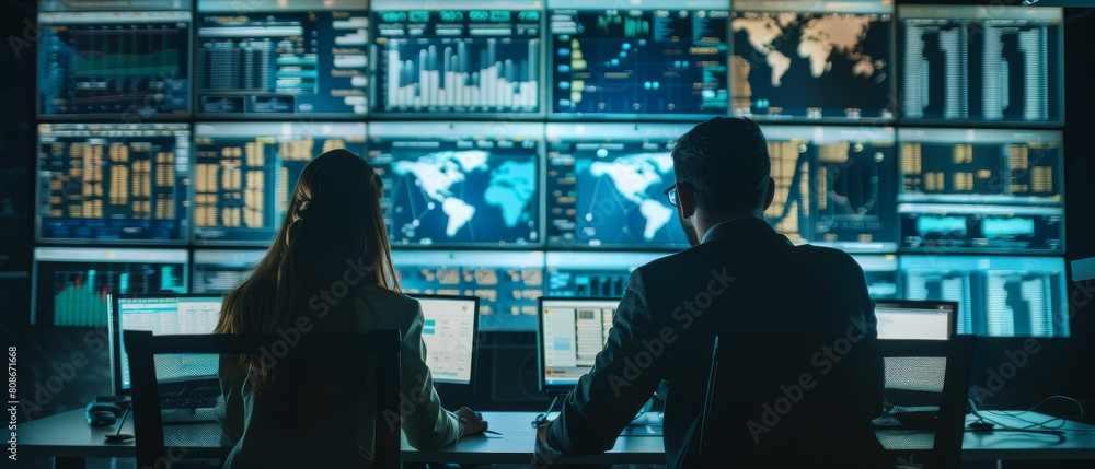 Poster modern monitoring office with live data feed on a large digital screen. monitor room with finance sp