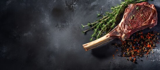 Beef tomahawk steak seasoned with spices and thyme presented on a stone backdrop Features copy space for text