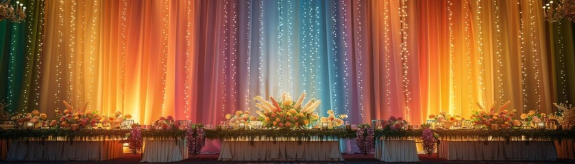 A beautiful wedding reception hall is decorated with colorful lights and flowers. The stage is set for the bride and groom to enter. - Powered by Adobe