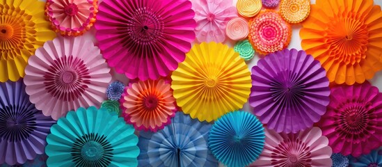 Colorful round rosettes create an eye catching display for various celebrations such as parties New Year s bachelorettes birthdays and carnivals The vibrant paper decorations and garlands add a festi