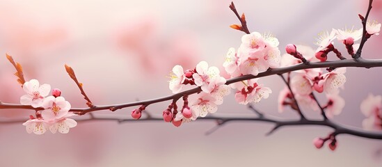 Obraz premium A gorgeous pink plum blossom blooms on a tree branch during the winter season The background is blurred leaving ample copy space in the image
