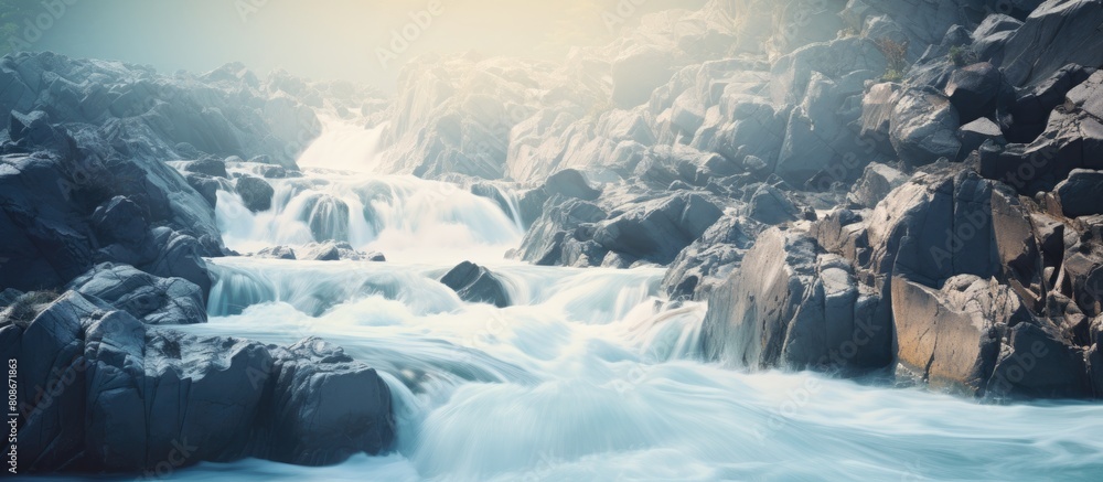 Poster a small river forms a white waterfall as it cascades over rocks creating a mesmerizing copy space im