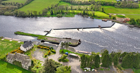 Aerial view of the weir on the River Bann Northern Ireland