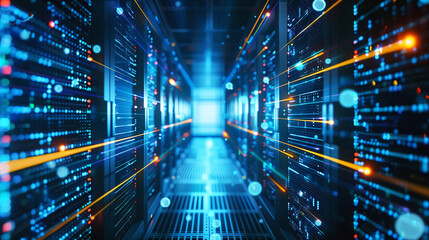 Fototapeta premium Abstract visualization of a high-tech server room in the digital space, highlighting data processing and cyber infrastructure.