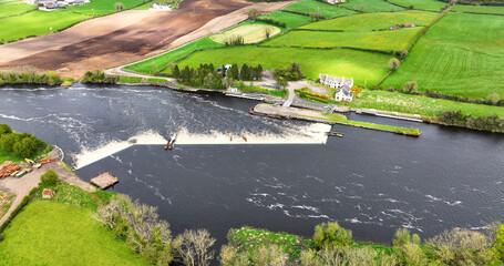 Aerial view of the weir on the River Bann Northern Ireland