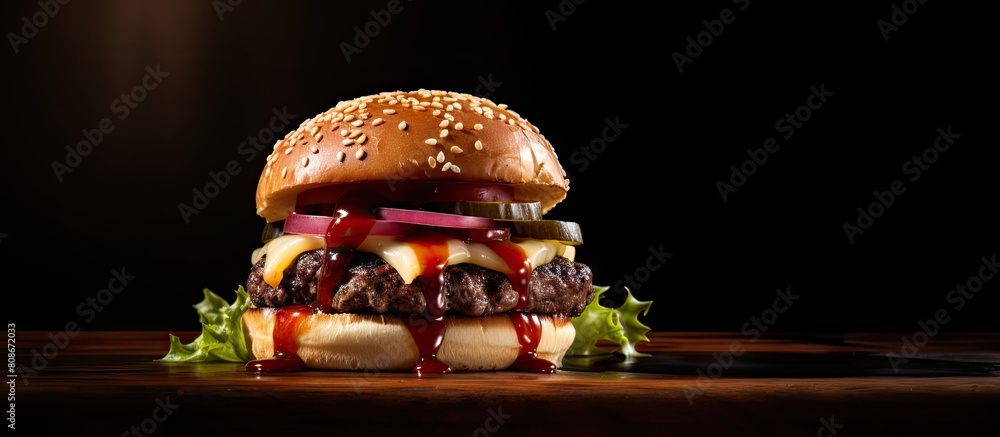 Poster cheeseburger featuring a black bun and cherry sauce showcased on a dark background with ample copy s