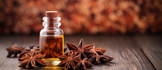 Aromatic essential oil with star anise in a bottle featuring copy space for easy customization