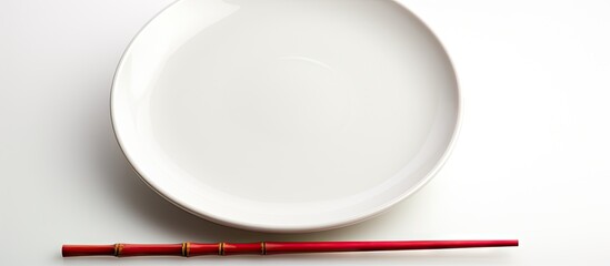 A white plate holds bamboo chopsticks in front of a white background leaving plenty of room for...