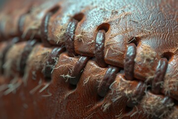 Striking Baseball extreme closeup photo. Brown ball with red thread stiches. Generate ai