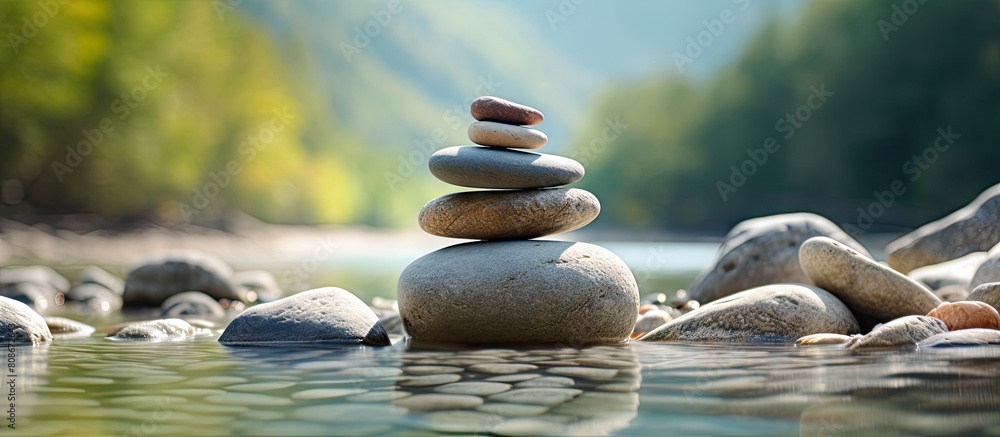 Poster zen stone symbol representing harmony and balance with balancing rocks set against a copy space imag