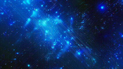Fototapeta na wymiar Futuristic representation of a digital circuit board with blue glowing lights and connections.