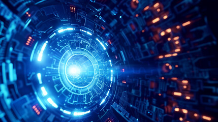 Obraz premium Futuristic digital interface with complex patterns and a glowing central node symbolizing advanced technology.