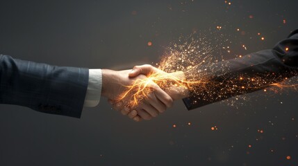A businessman and businesswoman shake hands, with a spark flying between them, representing the energy and synergy of a successful partnership