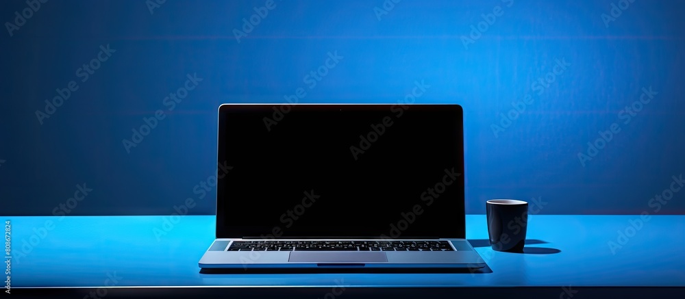 Poster a laptop is shown on a table with a blue screen that has no content leaving space for any desired im