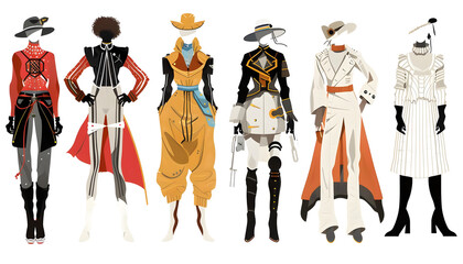 Clipart of fashion ensembles from vintage to futuristic neatly grouped with characteristic elements...