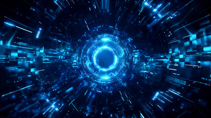 Intricate digital tunnel highlighted with futuristic blue cyber technology graphics, ideal for cybersecurity concepts.