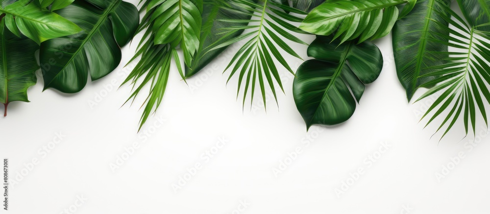 Poster the top view reveals a mesmerizing display of exotic green leaves against a pristine white backdrop 