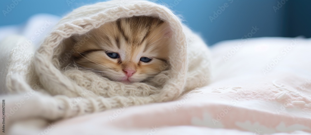 Poster a small adorable kitten unwell and with a thermometer lying beneath a cozy white blanket the viewpoi