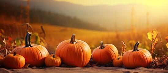 A picturesque scenery of autumn pumpkins with a tranquil ambiance that leaves copy space for any image