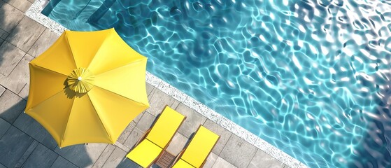 Three-dimensional rendering of a swimming pool with yellow beach umbrellas and chairs. Summer vacation concept.