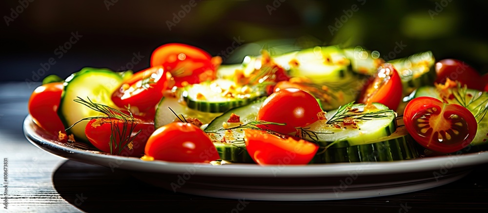 Poster a salad with cherry tomatoes and sliced cucumbers copy space image