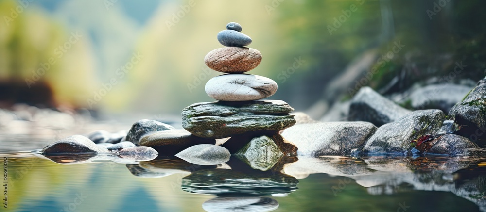 Poster zen stone symbol representing harmony and balance with balancing rocks set against a copy space imag